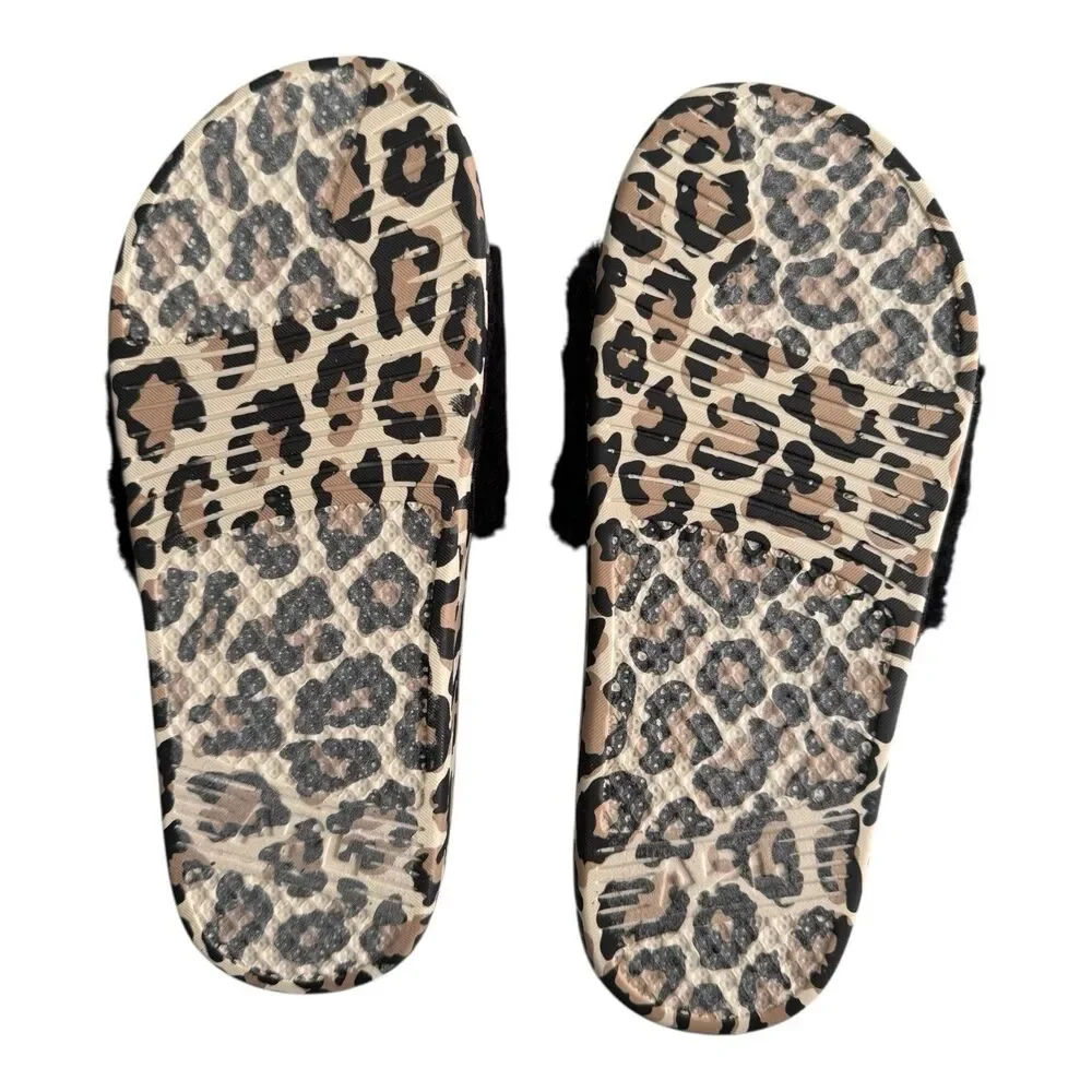 APL Women’s Shearling Furry Slide Sandals in Black/Leopard Size 8‎